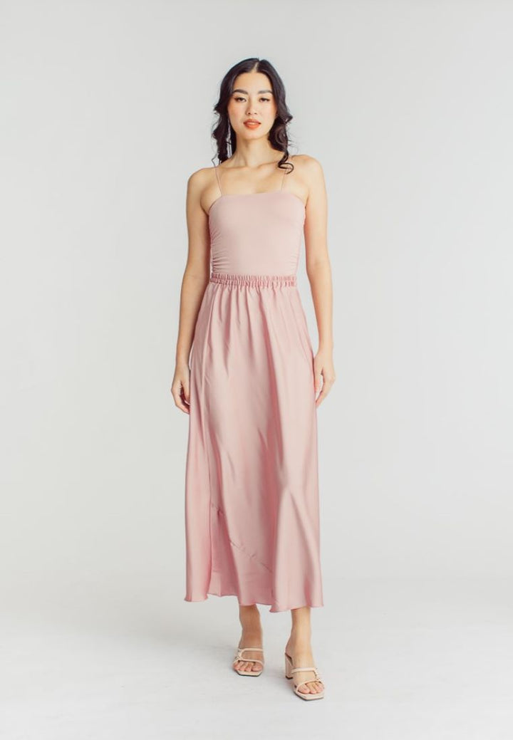 Chim Pink Silk Elastic Waist A-Line Midi Skirt