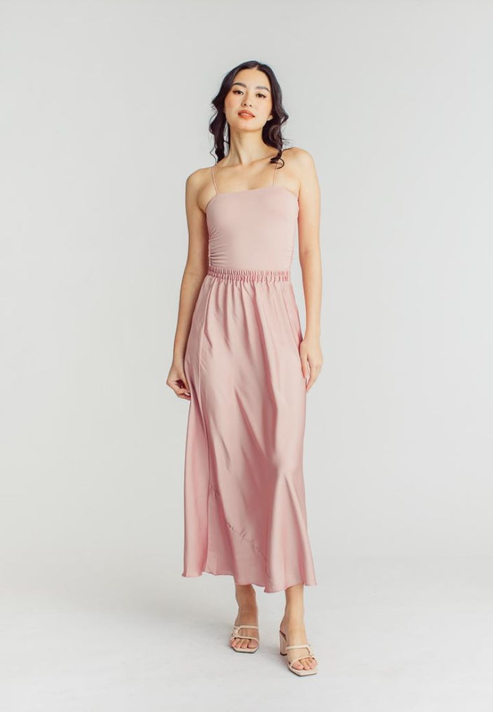 Chim Pink Silk Elastic Waist A-Line Midi Skirt