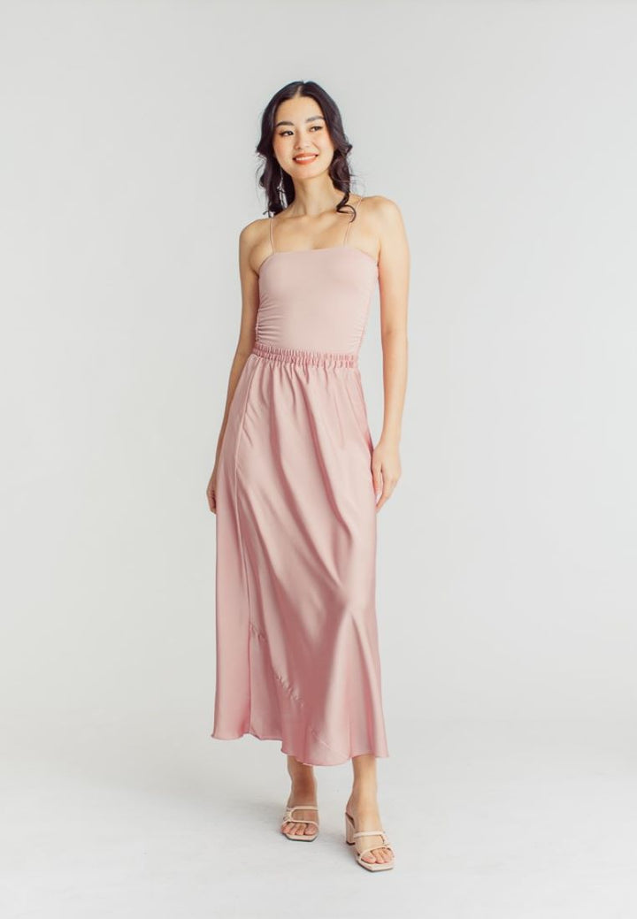 Chim Pink Silk Elastic Waist A-Line Midi Skirt