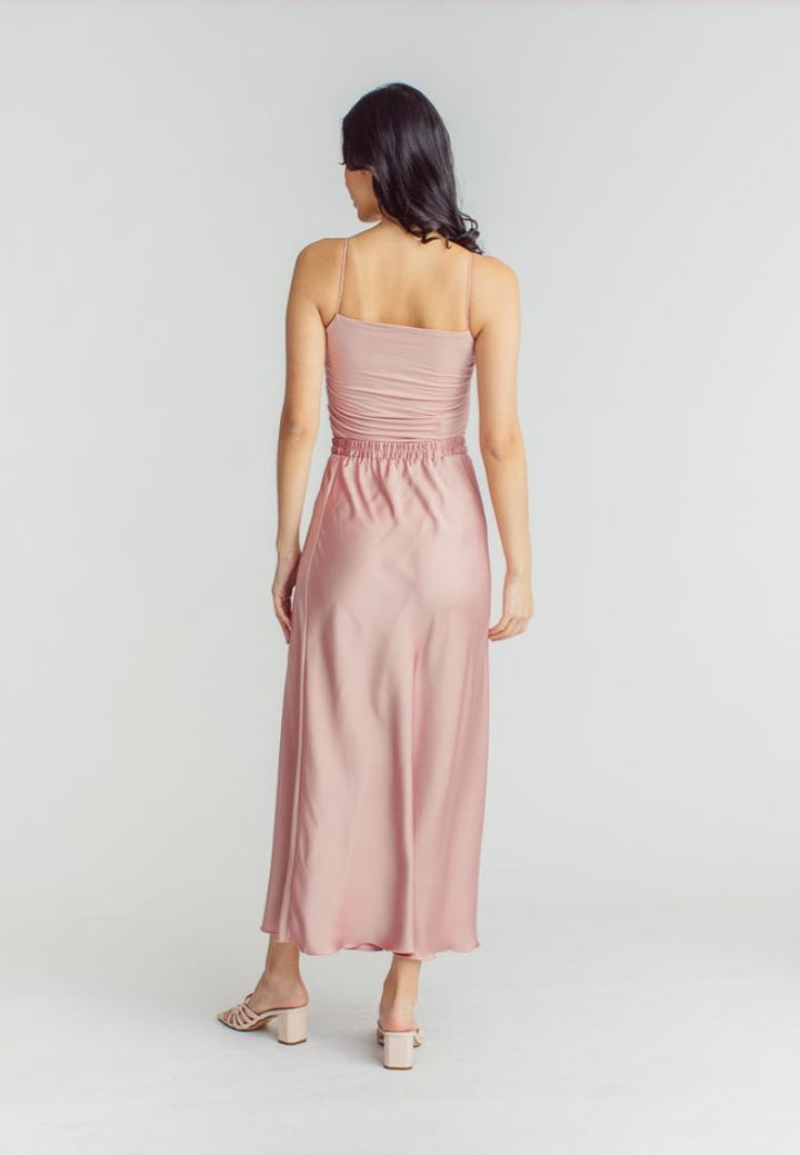 Chim Pink Silk Elastic Waist A-Line Midi Skirt