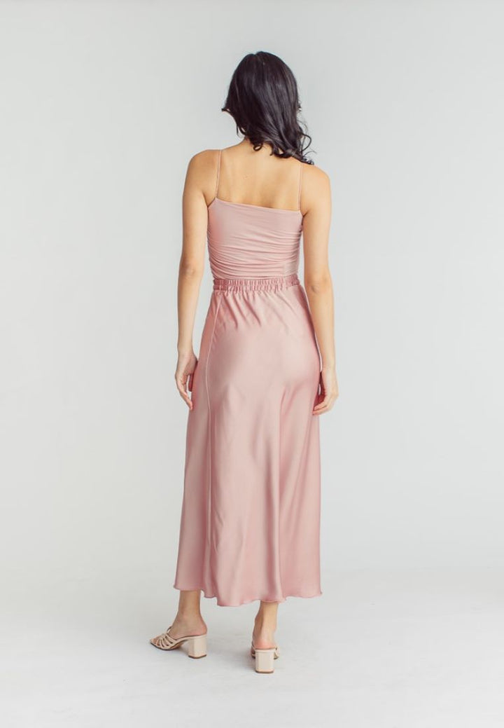Chim Pink Silk Elastic Waist A-Line Midi Skirt