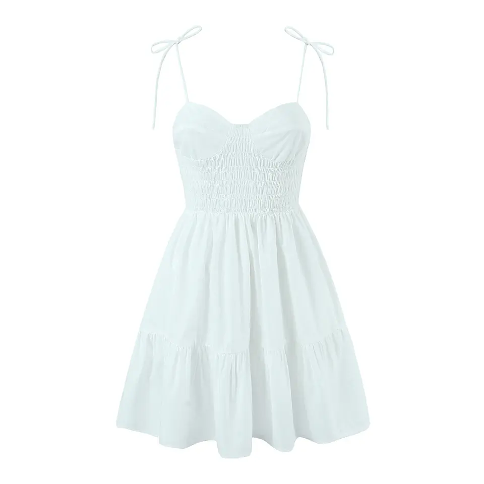 Kala White V Neck Sleeveless Self Tie Strap Smocked Tiered Mini Dress