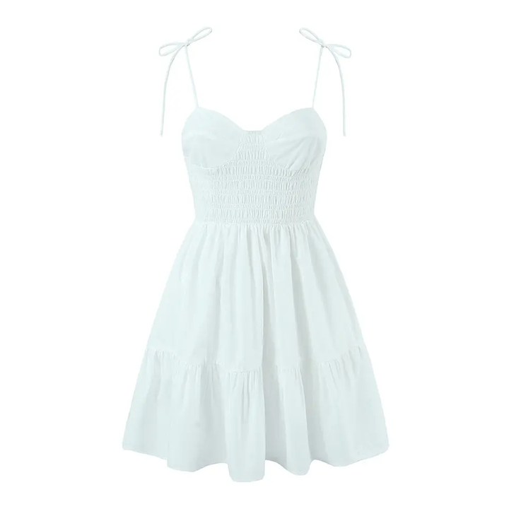 Kala White V Neck Sleeveless Self Tie Strap Smocked Tiered Mini Dress