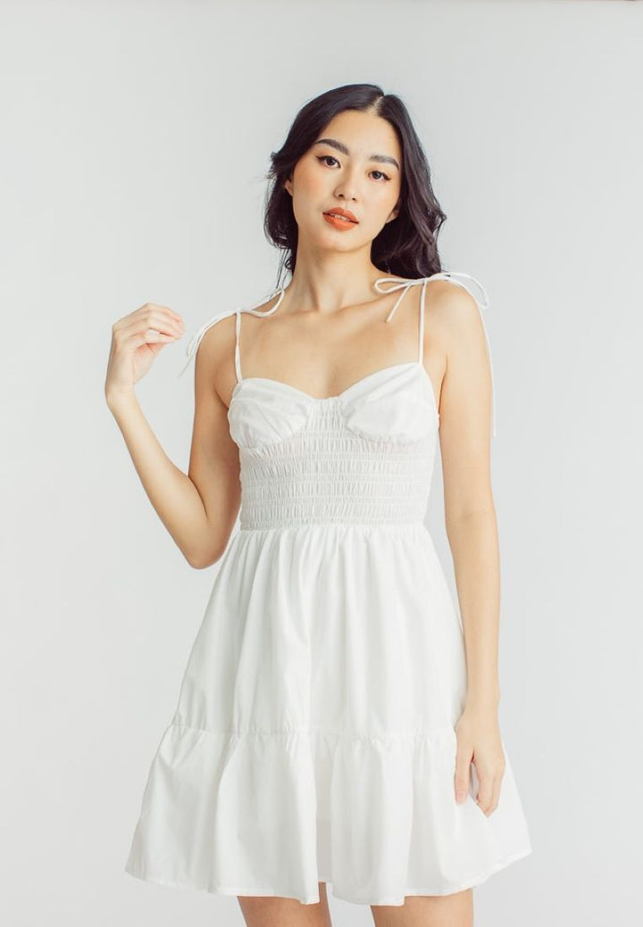 Kala White V Neck Sleeveless Self Tie Strap Smocked Tiered Mini Dress