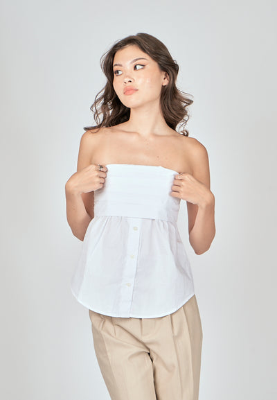 Jinni White Pleated Button Details Side Zipper Tube Top