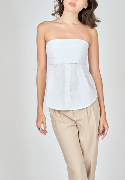 Jinni White Pleated Button Details Side Zipper Tube Top