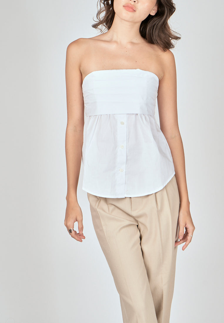 Jinni White Pleated Button Details Side Zipper Tube Top