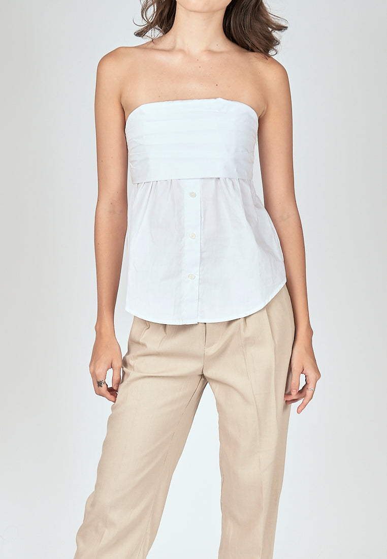 Jinni White Pleated Button Details Side Zipper Tube Top