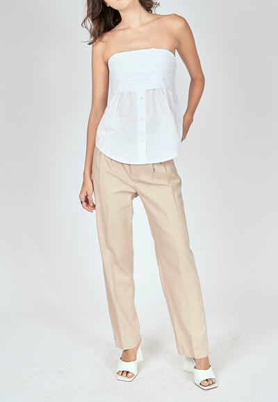 Jinni White Pleated Button Details Side Zipper Tube Top