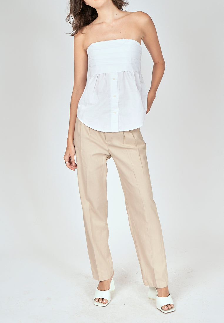 Jinni White Pleated Button Details Side Zipper Tube Top