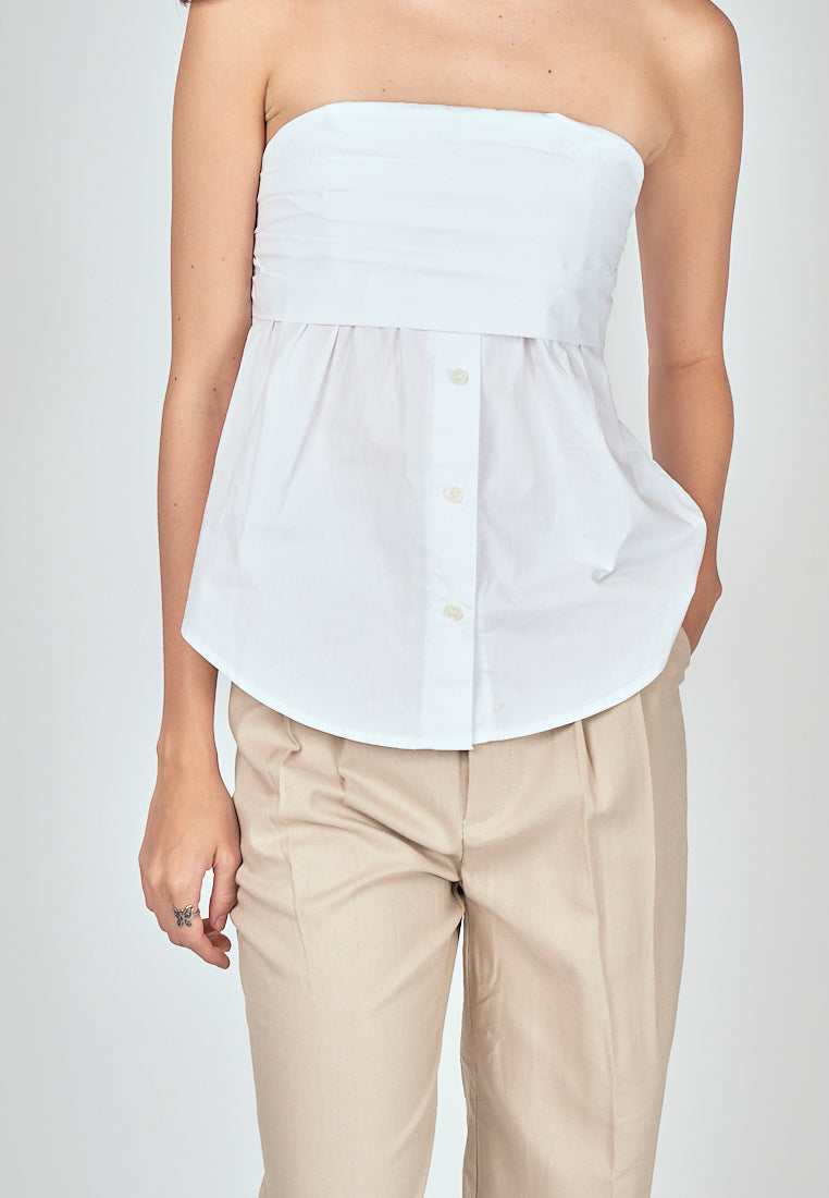 Jinni White Pleated Button Details Side Zipper Tube Top
