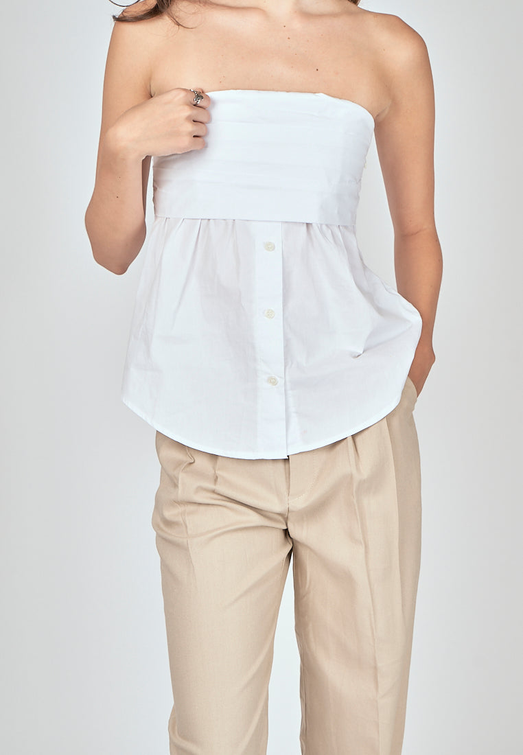 Jinni White Pleated Button Details Side Zipper Tube Top