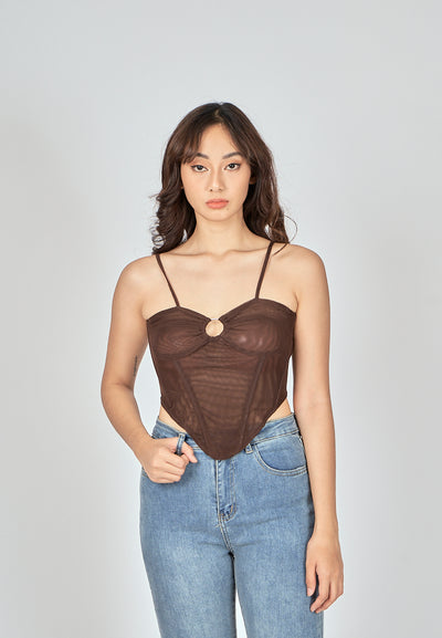 Bae Dark Brown Shaped Metal Ring Bust Boned Sleeveless Top