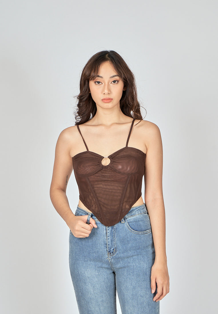 Bae Dark Brown Shaped Metal Ring Bust Boned Sleeveless Top