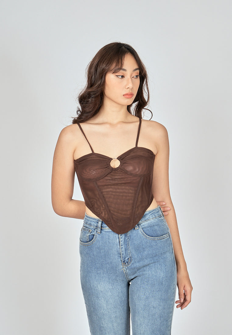 Bae Dark Brown Shaped Metal Ring Bust Boned Sleeveless Top