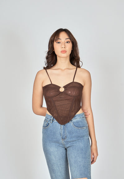 Bae Dark Brown Shaped Metal Ring Bust Boned Sleeveless Top