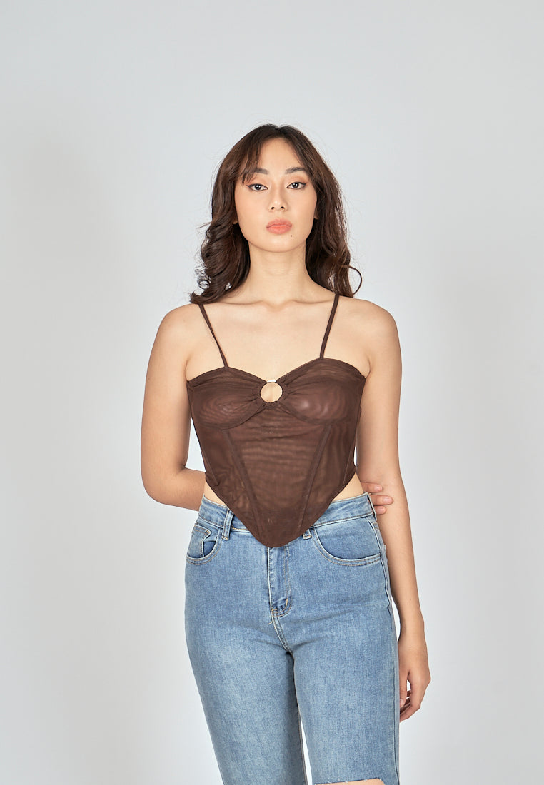 Bae Dark Brown Shaped Metal Ring Bust Boned Sleeveless Top