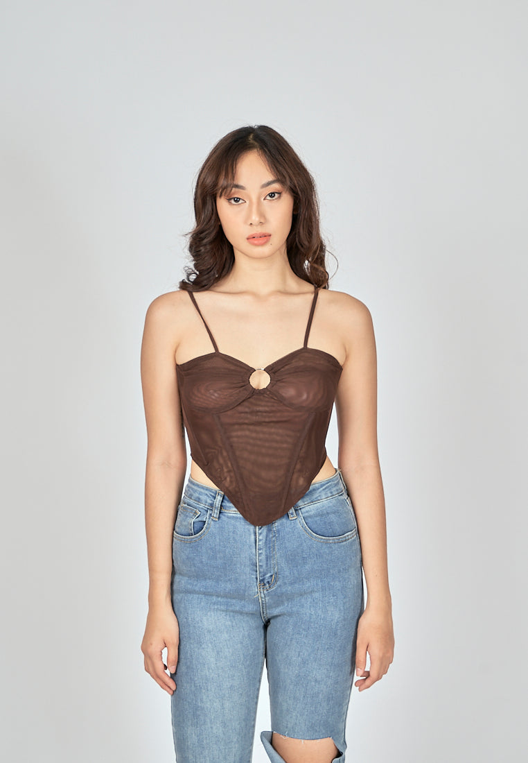 Bae Dark Brown Shaped Metal Ring Bust Boned Sleeveless Top