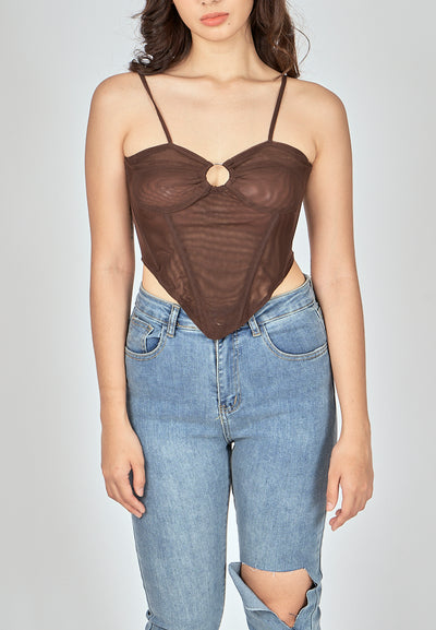 Bae Dark Brown Shaped Metal Ring Bust Boned Sleeveless Top