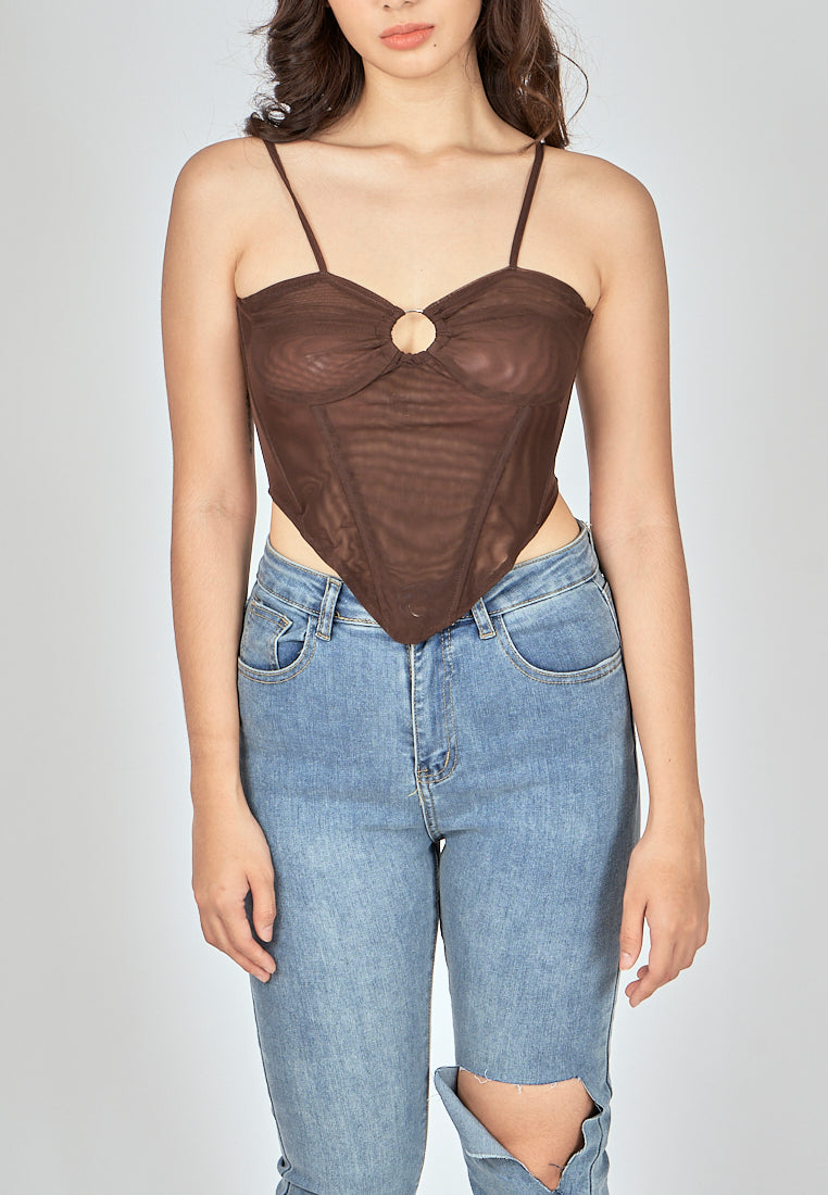 Bae Dark Brown Shaped Metal Ring Bust Boned Sleeveless Top