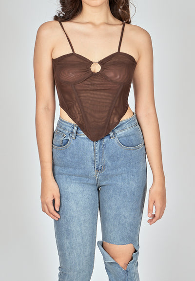 Bae Dark Brown Shaped Metal Ring Bust Boned Sleeveless Top