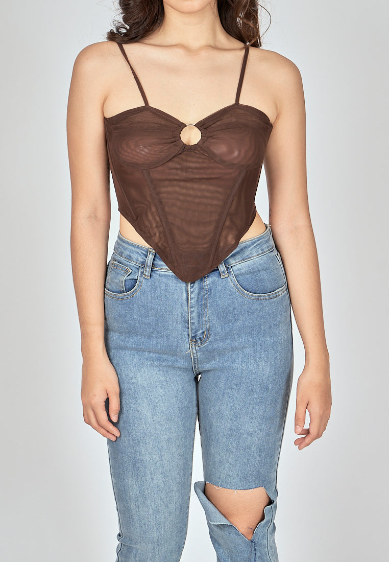 Bae Dark Brown Shaped Metal Ring Bust Boned Sleeveless Top