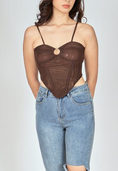 Bae Dark Brown Shaped Metal Ring Bust Boned Sleeveless Top