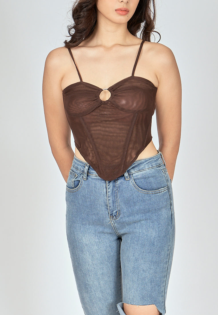 Bae Dark Brown Shaped Metal Ring Bust Boned Sleeveless Top
