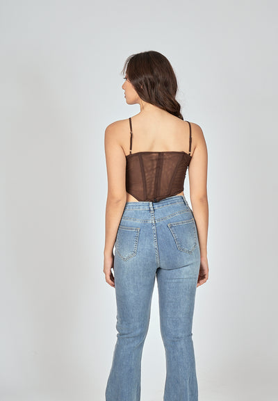 Bae Dark Brown Shaped Metal Ring Bust Boned Sleeveless Top