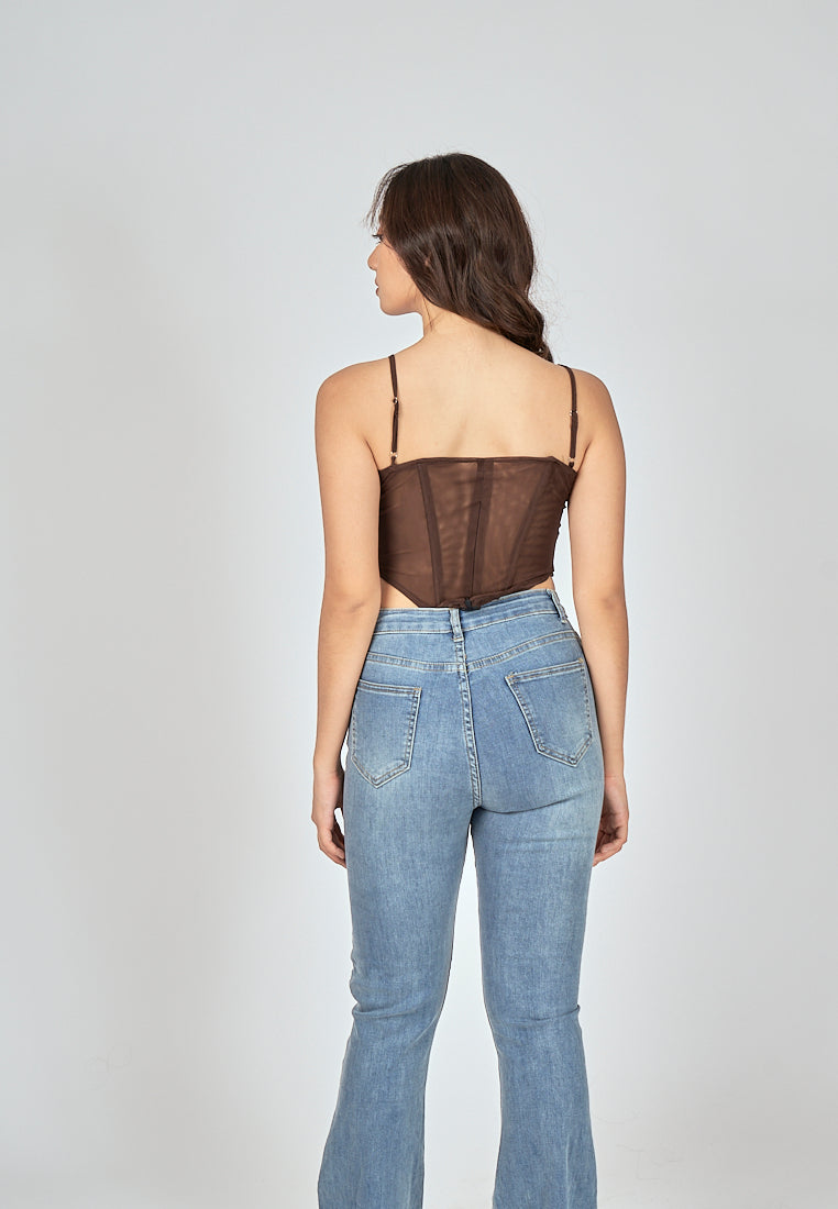 Bae Dark Brown Shaped Metal Ring Bust Boned Sleeveless Top