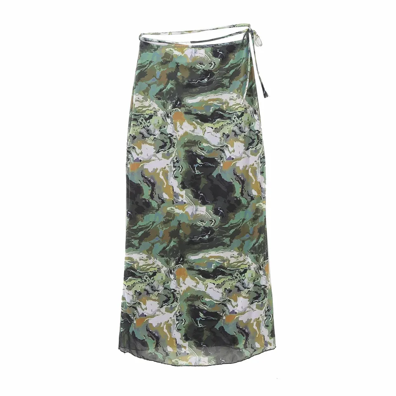 Kenah Multicolor Camo Print String Belt Midi Skirt