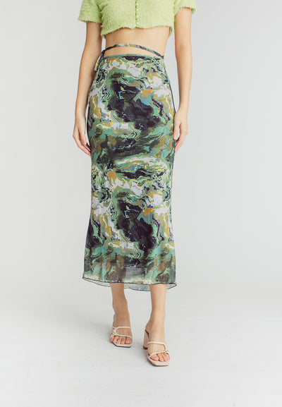 Kenah Multicolor Camo Print String Belt Midi Skirt