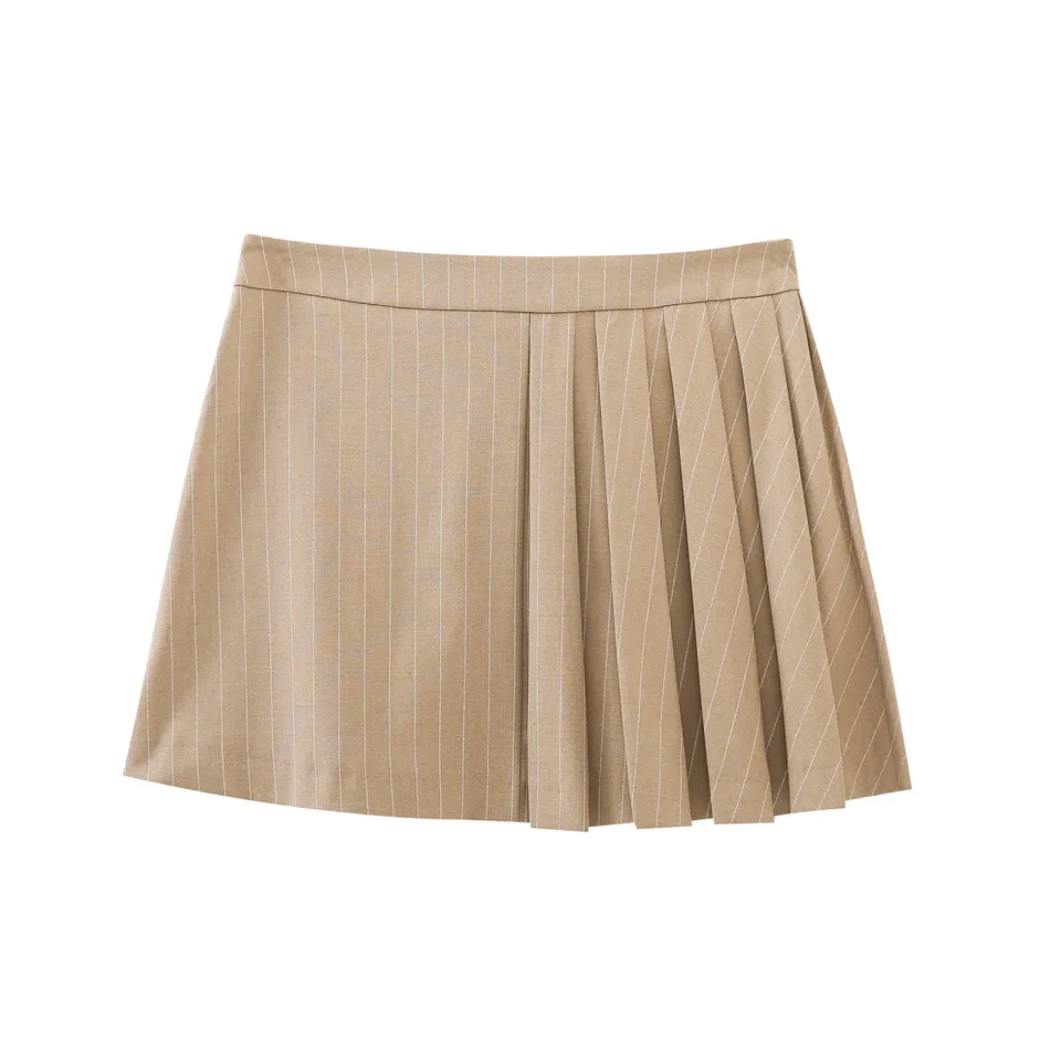 Daison Khaki Stripes Side Pleated Mini Skirt Love Ara
