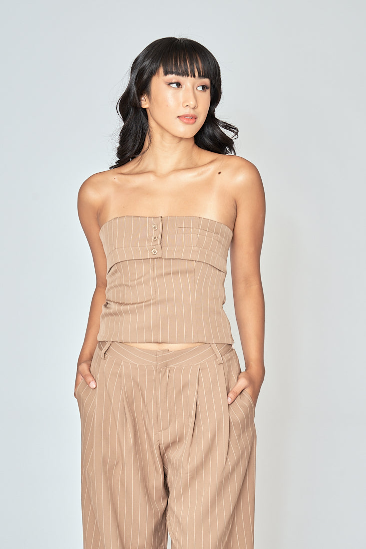 Danna Khaki Stripes Button Details Folded Tube Top