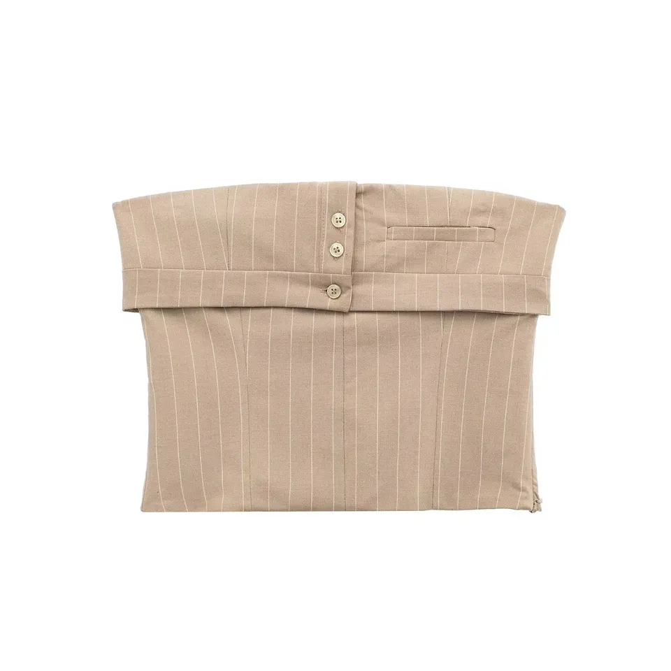 Danna Khaki Stripes Button Details Folded Tube Top