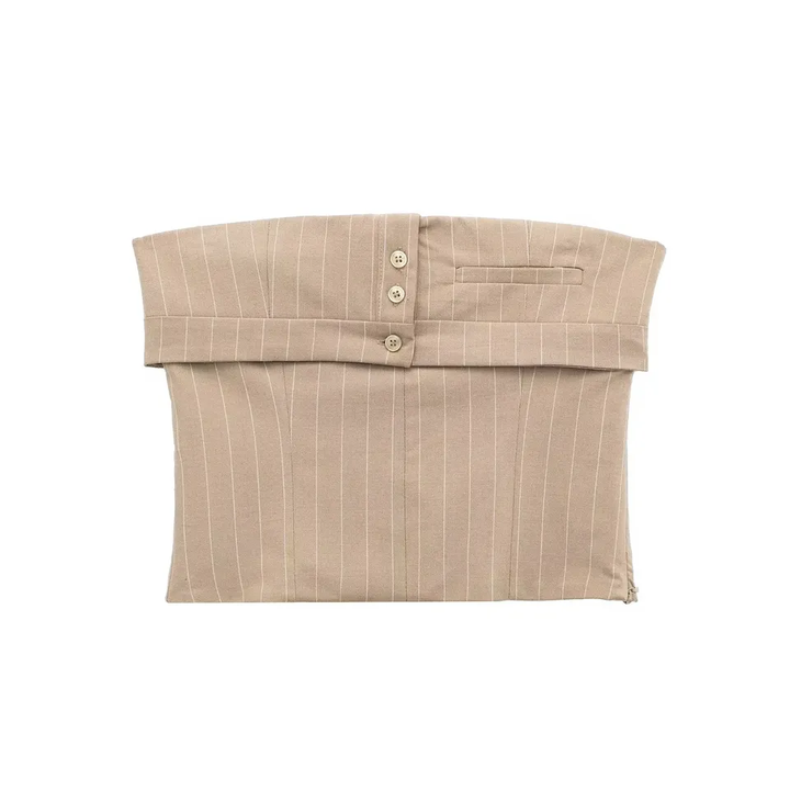 Danna Khaki Stripes Button Details Folded Tube Top