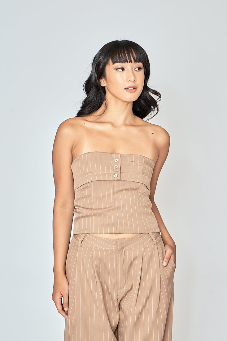 Danna Khaki Stripes Button Details Folded Tube Top