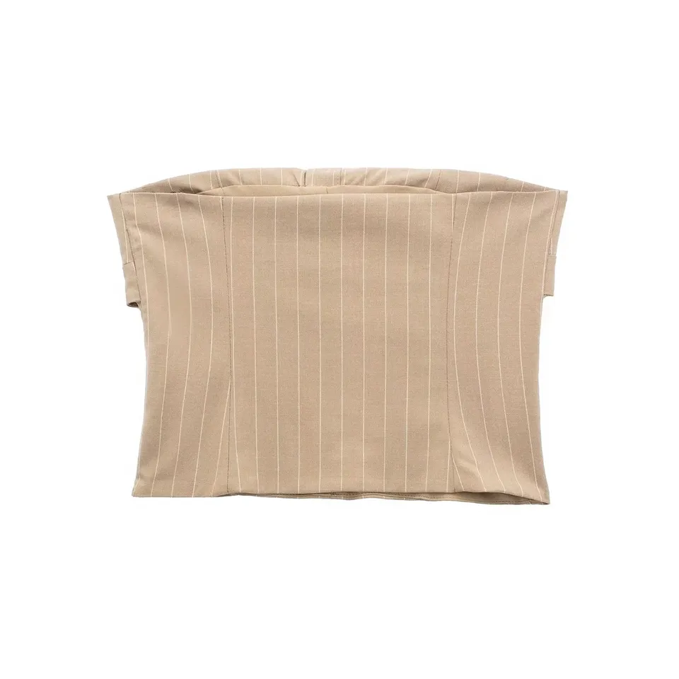 Danna Khaki Stripes Button Details Folded Tube Top