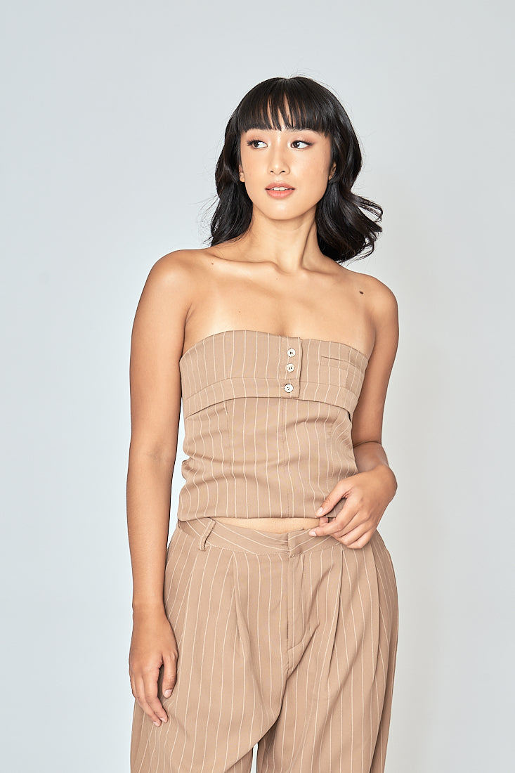 Danna Khaki Stripes Button Details Folded Tube Top