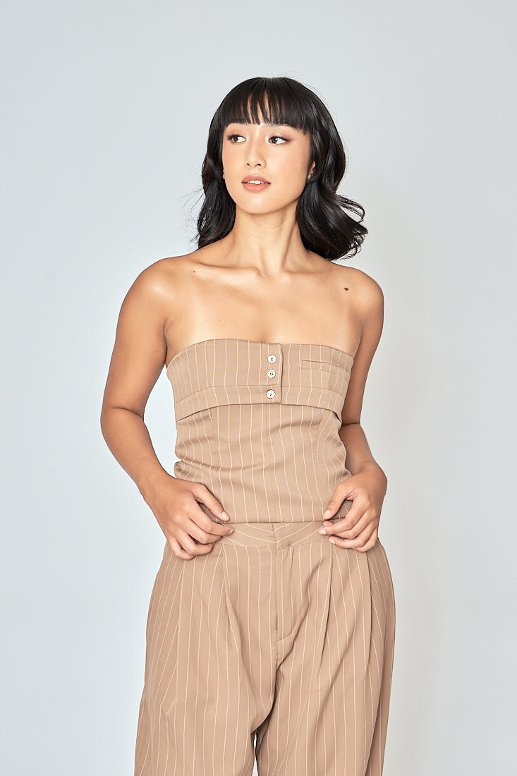 Danna Khaki Stripes Button Details Folded Tube Top