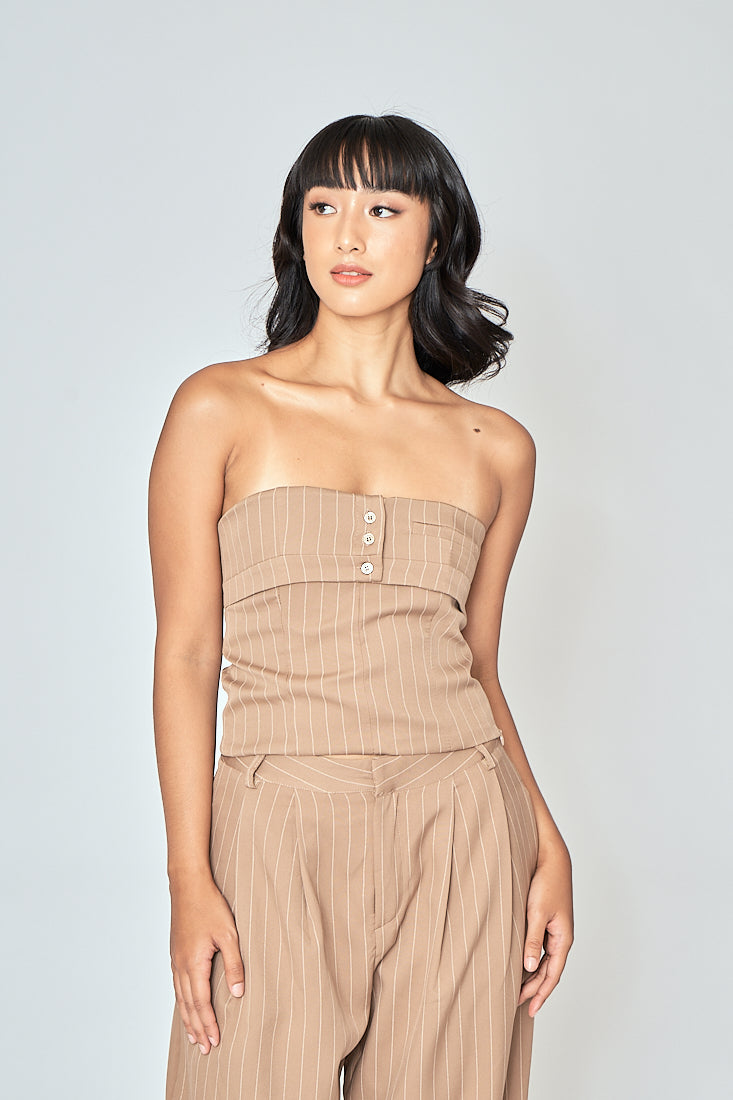 Danna Khaki Stripes Button Details Folded Tube Top