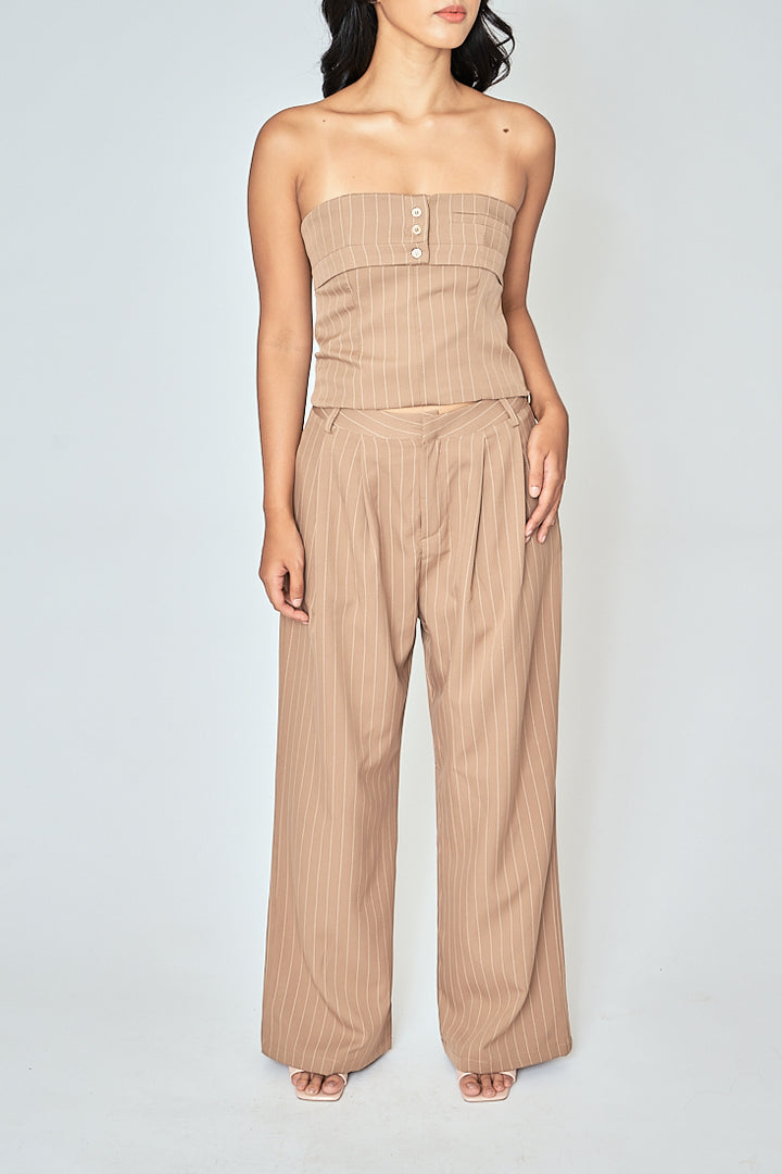 Danna Khaki Stripes Button Details Folded Tube Top