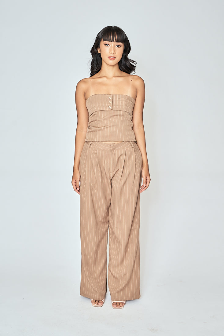 Danna Khaki Stripes Button Details Folded Tube Top