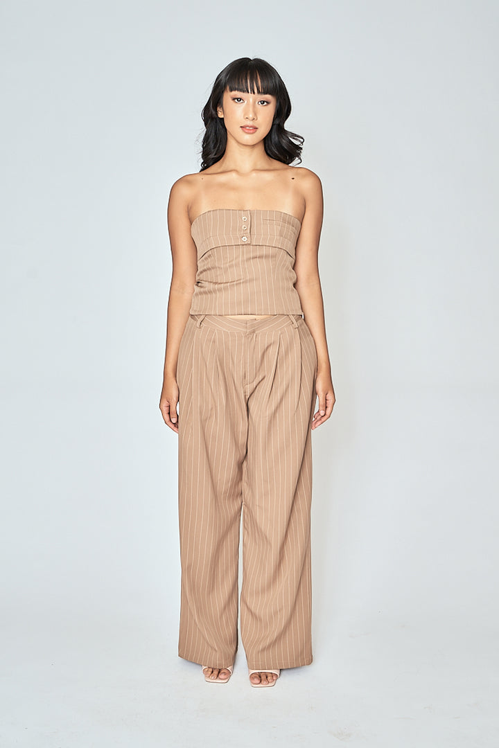 Danna Khaki Stripes Button Details Folded Tube Top
