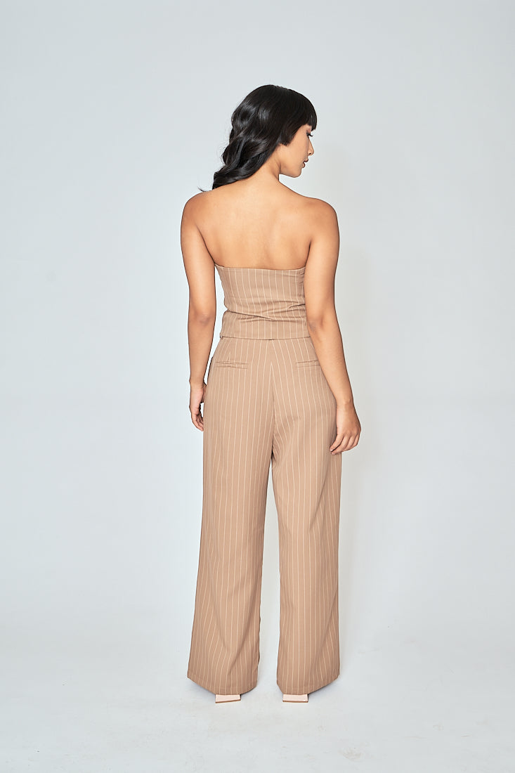 Danna Khaki Stripes Button Details Folded Tube Top