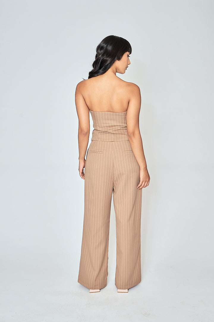 Danna Khaki Stripes Button Details Folded Tube Top