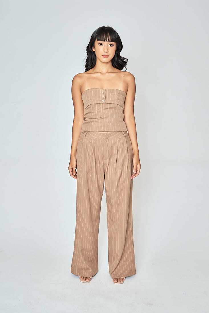Drake Khaki Stripes Zipper Fly Pleated Wide Leg Pants