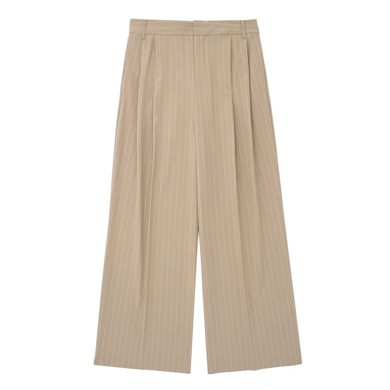 Drake Khaki Stripes Zipper Fly Pleated Wide Leg Pants