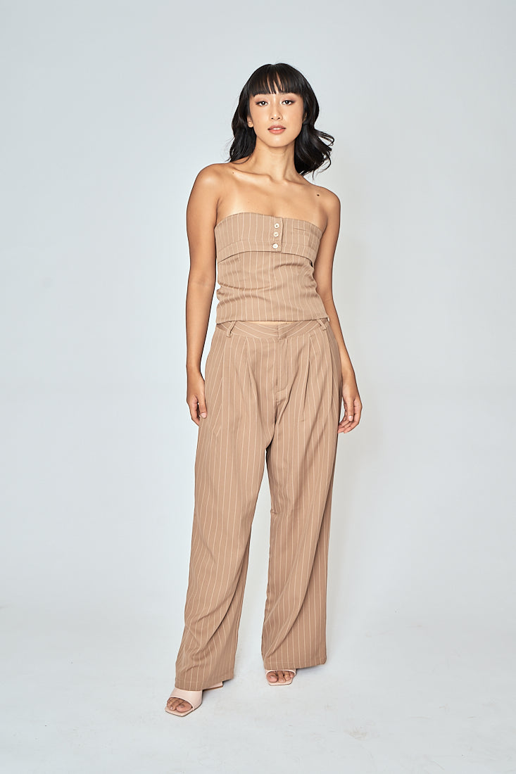 Drake Khaki Stripes Zipper Fly Pleated Wide Leg Pants