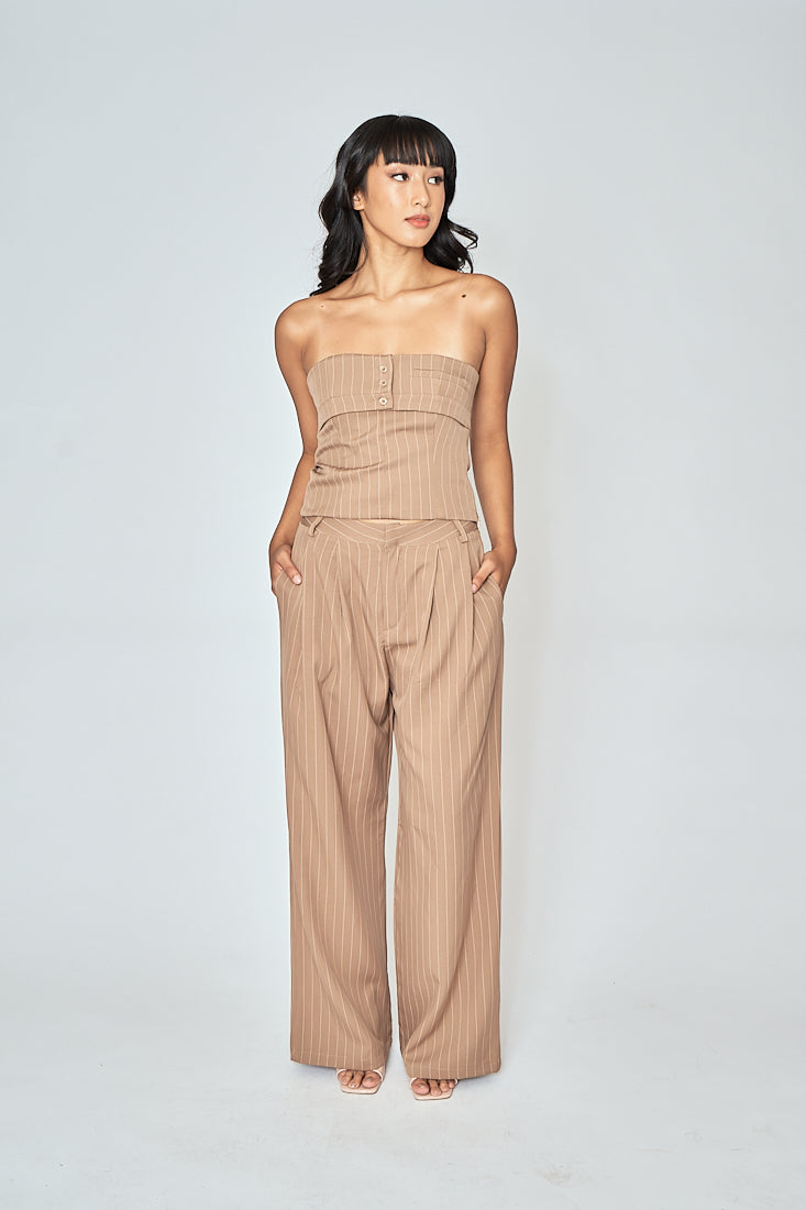 Drake Khaki Stripes Zipper Fly Pleated Wide Leg Pants